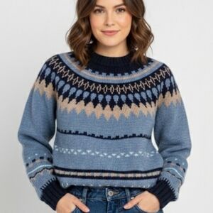 Vintage hand knit Icelandic fair isle fairisle crew neck sweater blue Small @A